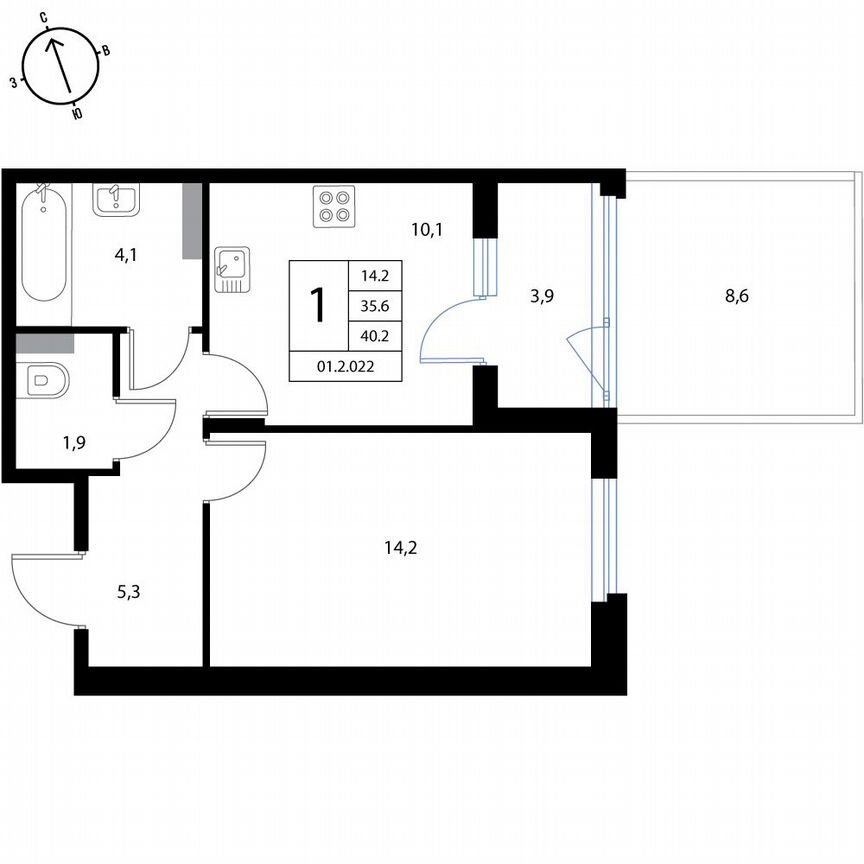 1-к. квартира, 40,2 м², 1/3 эт.