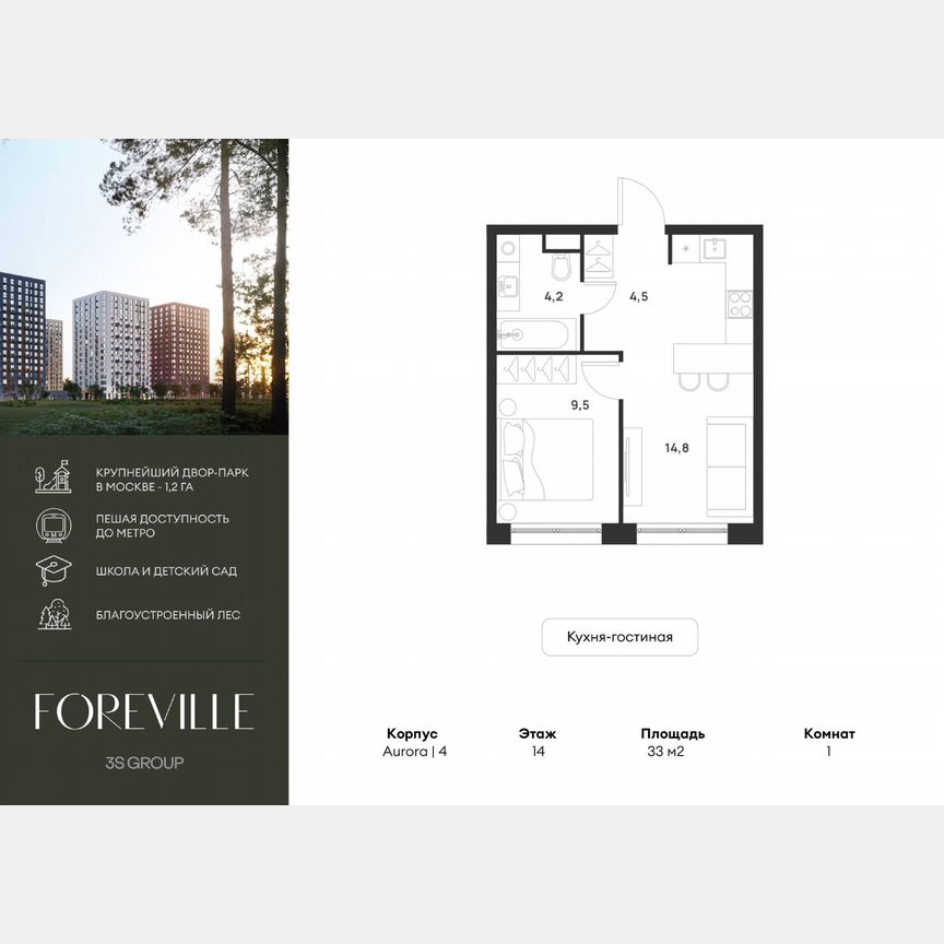 1-к. квартира, 33 м², 14/17 эт.