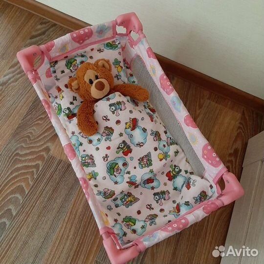 Игрушечная кровать-манеж+комплект постельного бел