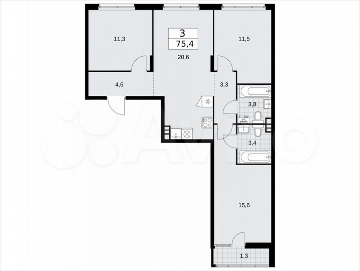 3-к. квартира, 75,4 м², 14/15 эт.