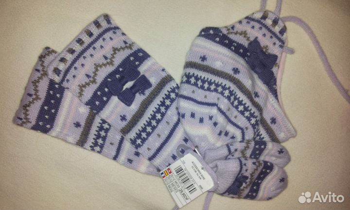 Шапка шарф варежки на близняшек 6-12мес., Франция