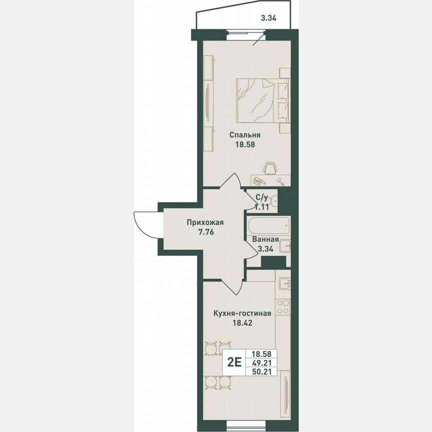 2-к. квартира, 50,2 м², 7/16 эт.