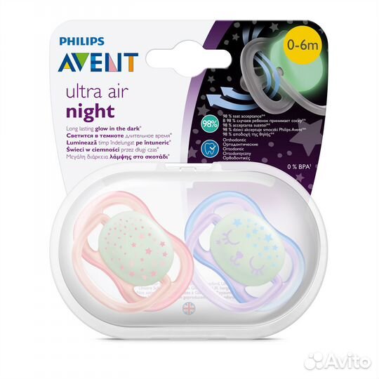 Пустышка Philips Avent ultra air night 0-6 мес, 2