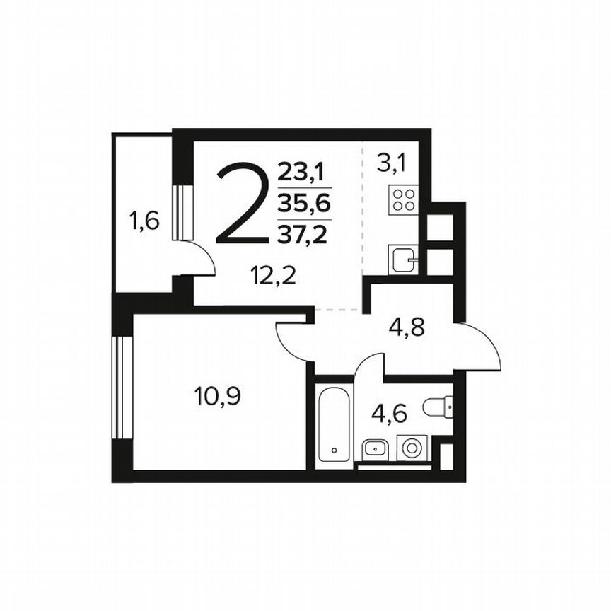 2-к. квартира, 37,2 м², 1/12 эт.