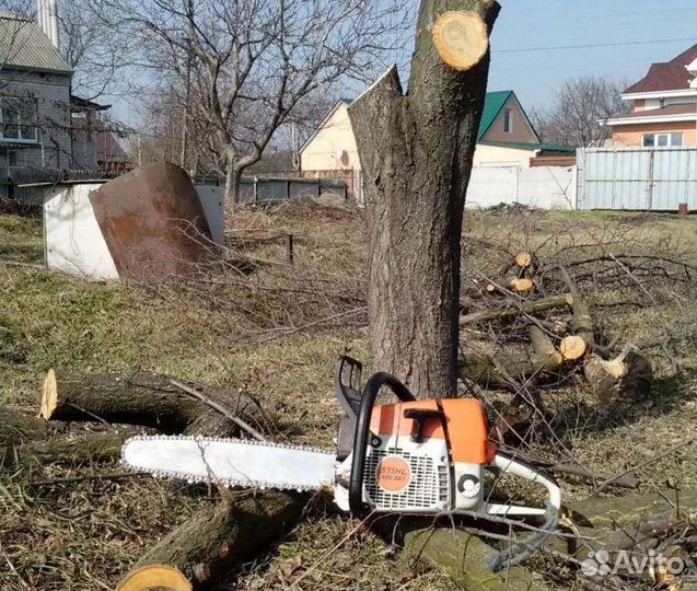 Спил деревьев, щепорез, измельчение веток