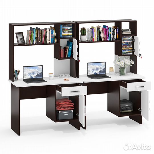 Два стола письменных с надстройкой Мебельный Двор 1-09Н венге/белый, 210х57х162 см