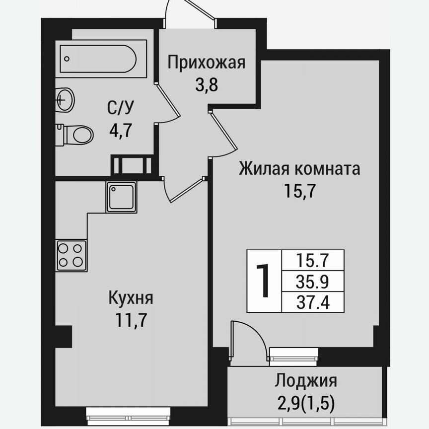 1-к. квартира, 39,1 м², 13/15 эт.