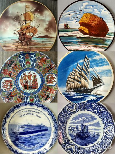 Настенная тарелка винтаж с кораблями и морем