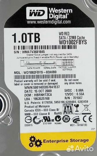 Жесткий диск Western Digital WD1002fbys 1Tb sataii