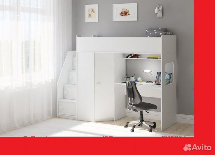 Кровать чердак с рабочей зоной и лесенкой камодом