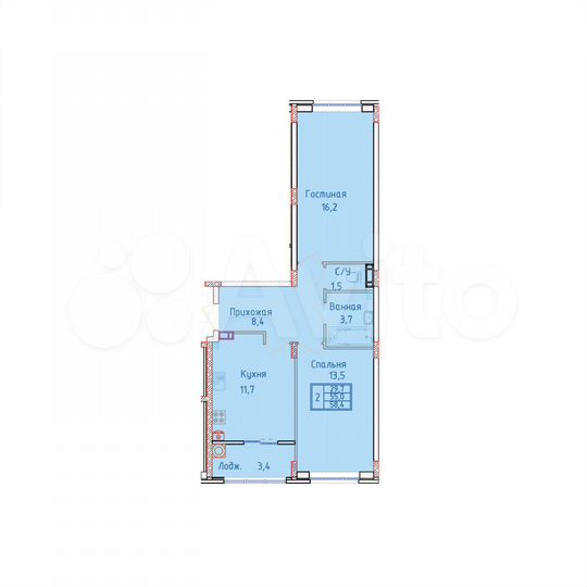 2-к. квартира, 58,4 м², 2/8 эт.