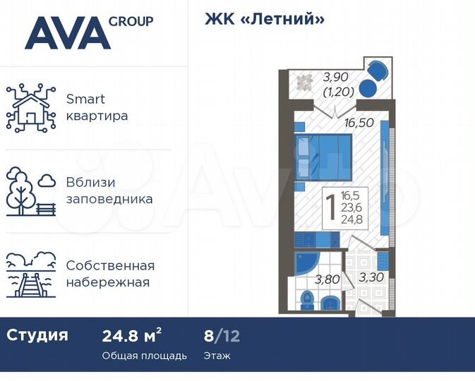 Апартаменты-студия, 24,8 м², 8/12 эт.