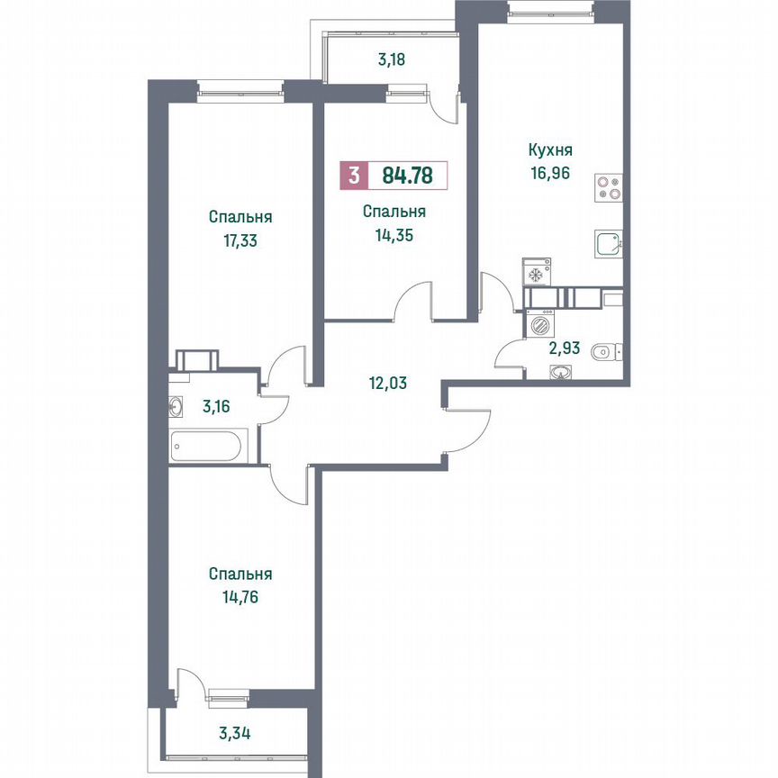 3-к. квартира, 84,8 м², 11/16 эт.