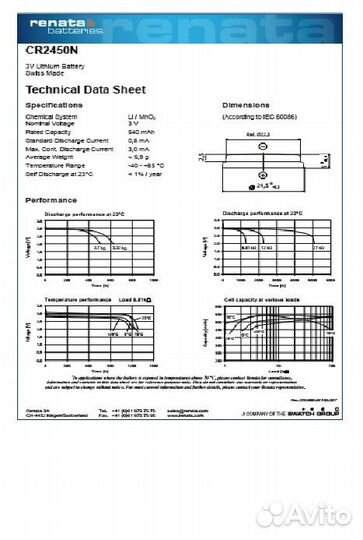 Renata CR2450N 3V элемент питания cr2450 2450