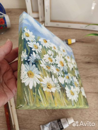 Картина Ромашки маслом на холсте 20х20 см