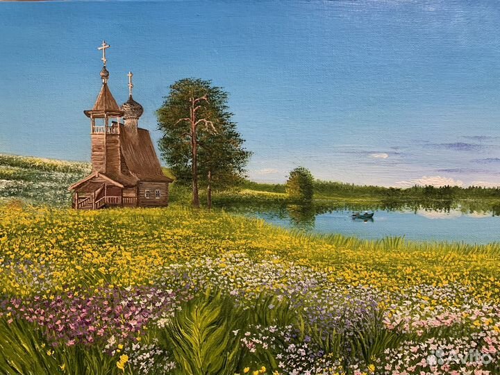 Картина маслом летний пейзаж храм