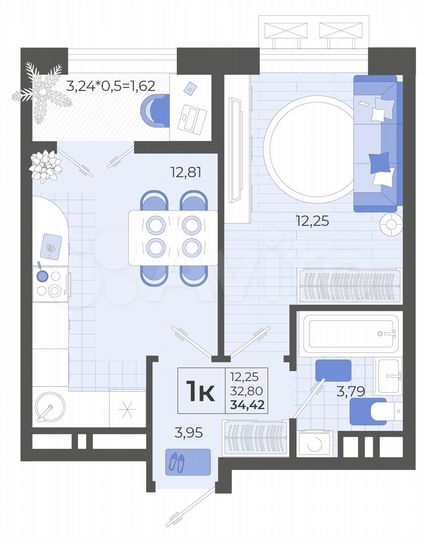 1-к. квартира, 34,4 м², 8/14 эт.