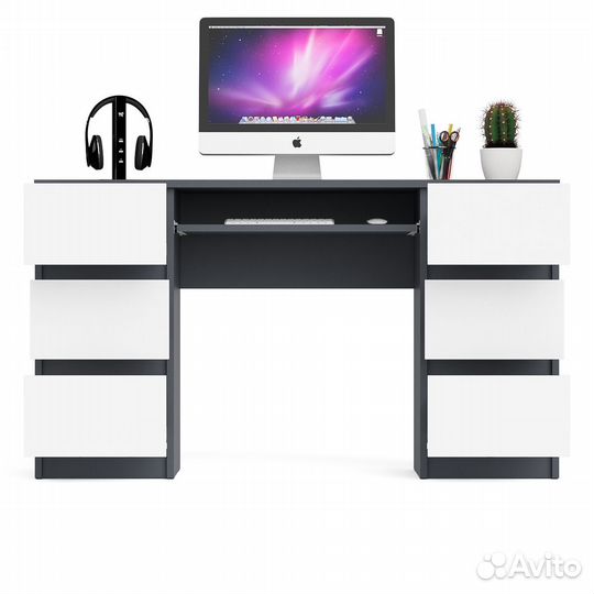 Компьютерный стол с двумя тумбами Мори мс-2, цвет графит/белый, шхгхв 135,4х50х76,6 см