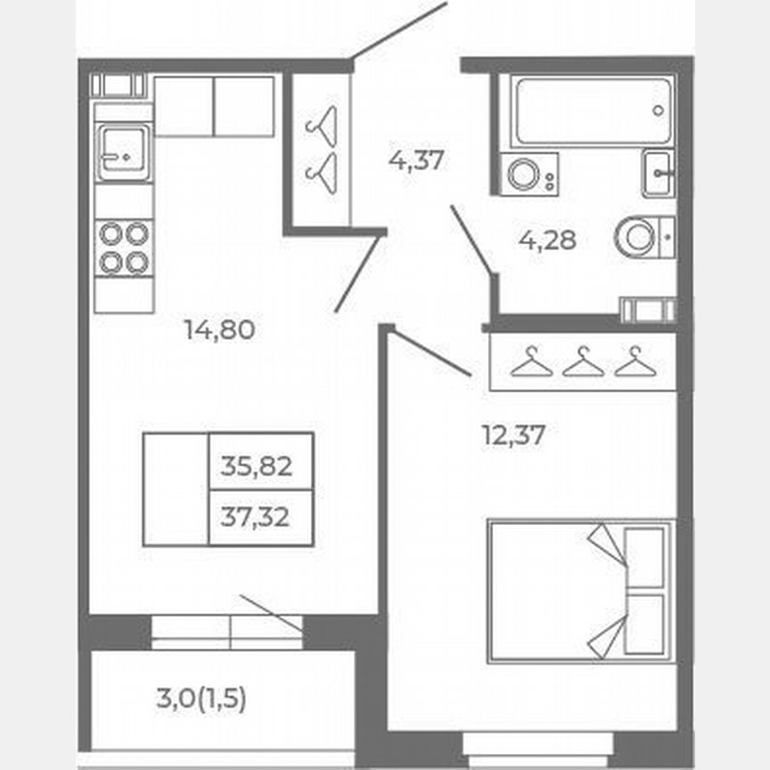1-к. квартира, 35,8 м², 4/4 эт.