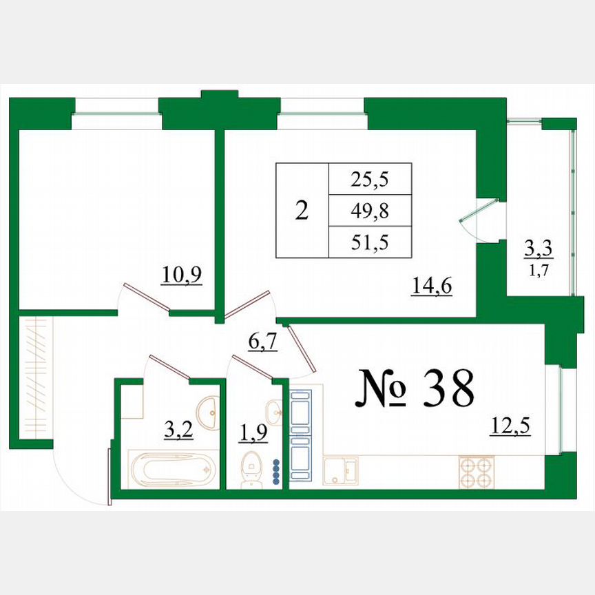 2-к. квартира, 51,5 м², 5/8 эт.