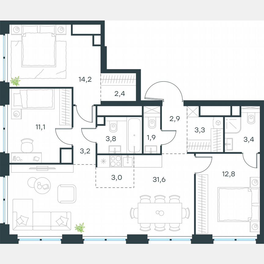 4-к. квартира, 93,6 м², 52/64 эт.