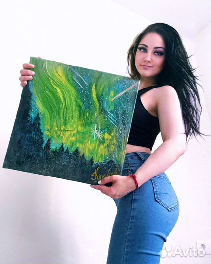 Картина маслом на холсте 40x40 «Северное сияние»