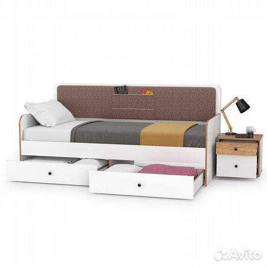 Кровать детская с ящиками и тумбочка Вуди, цвет белый премиум/дуб крафт золотой/саванна латте, шхгхв