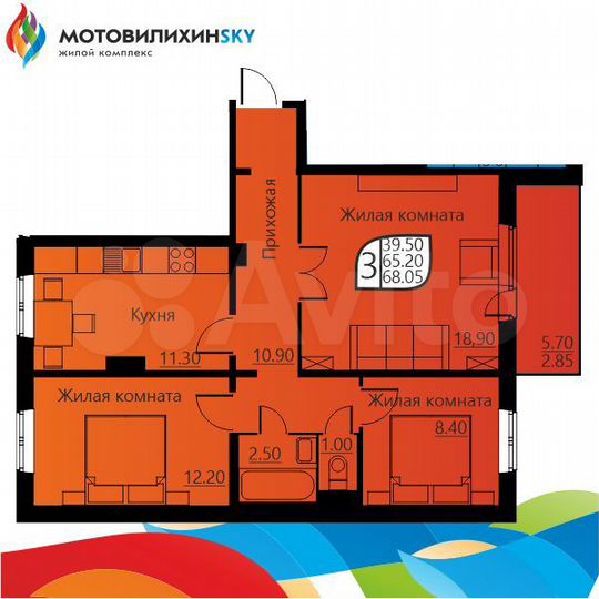 3-к. квартира, 64,4 м², 1/9 эт.