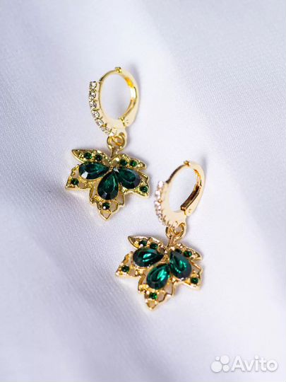 Серьги листья клена, зелёные, новые, висячие