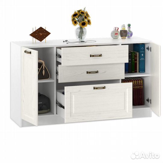 Ливерпуль Комод, цвет ясень ваниль/белый, шхгхв 140х41,4х78,3 см