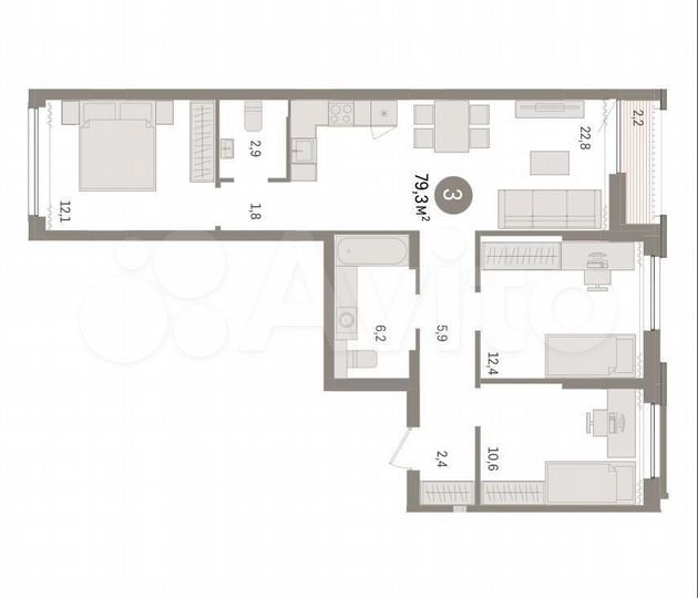 3-к. квартира, 79 м², 4/9 эт.