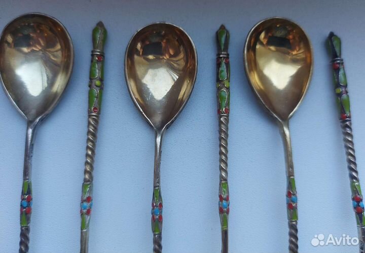 Серебряные ложки 84 позолота эмаль клеймо гб