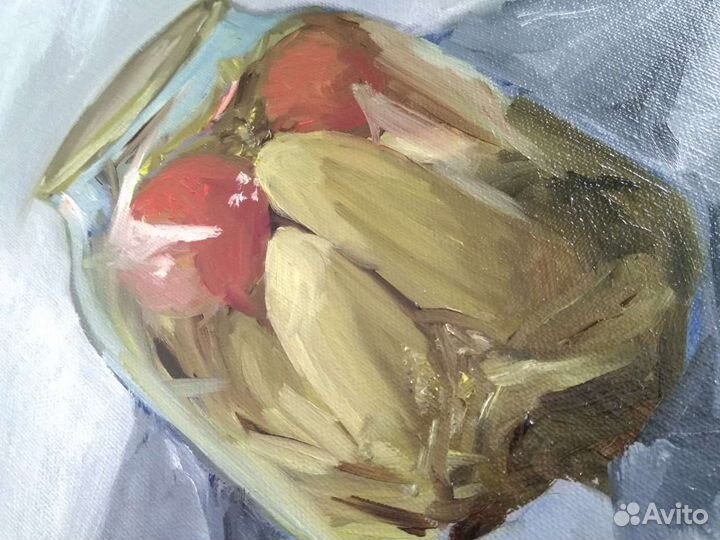 Картина маслом банка с огурцами, картина на кухню