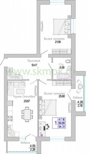 2-к. квартира, 94,3 м², 1/7 эт.