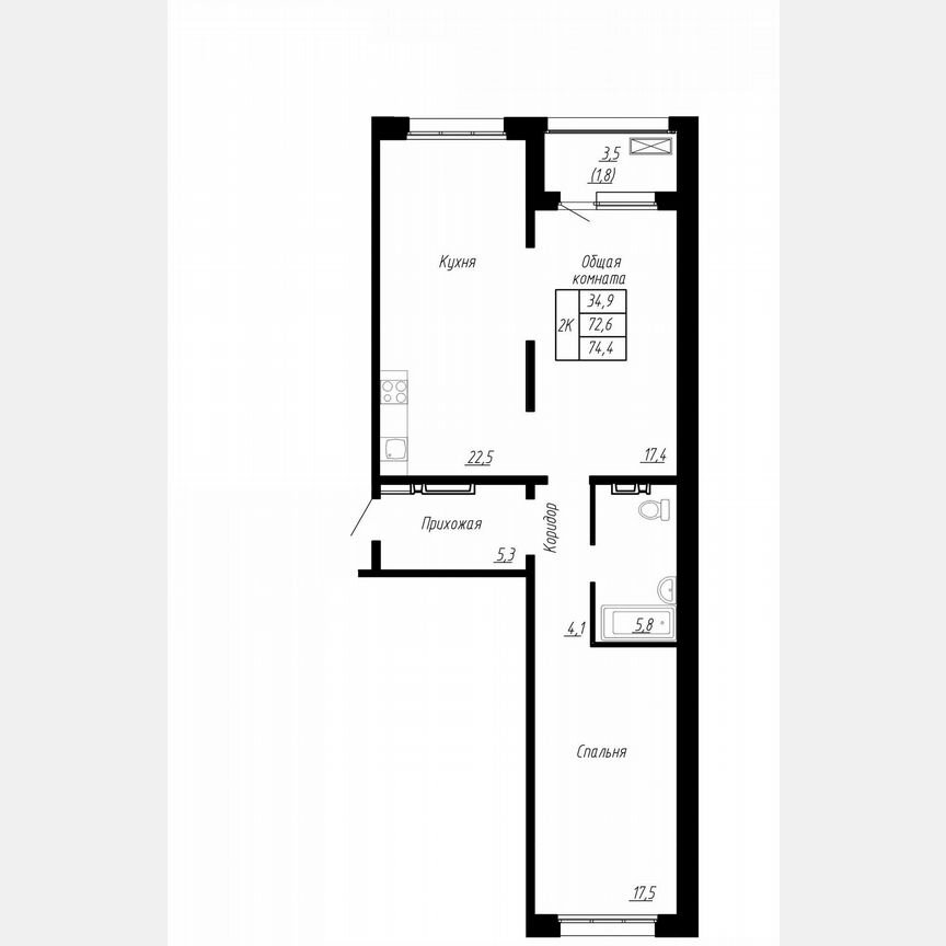 2-к. квартира, 74,4 м², 11/17 эт.