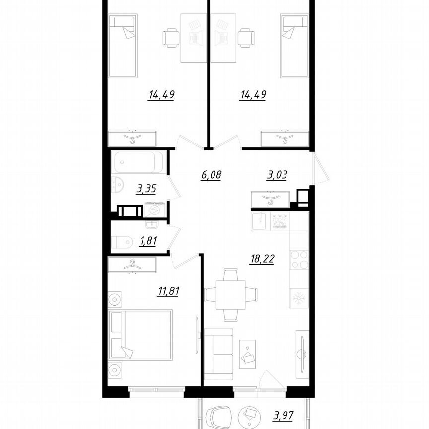 3-к. квартира, 74,5 м², 3/5 эт.