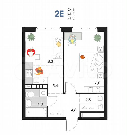 2-к. квартира, 41,3 м², 3/6 эт.