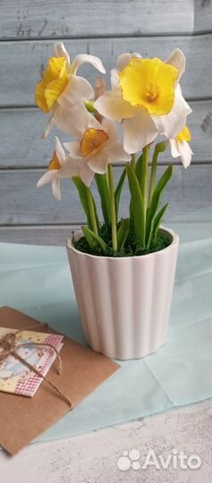 Нарциссы из холодного фарфора в кашпо