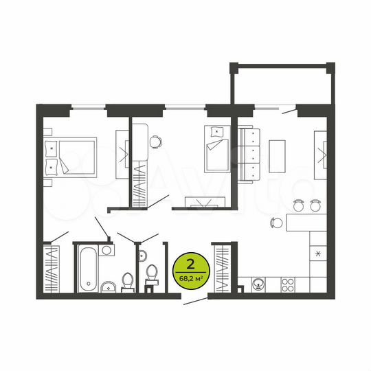 2-к. квартира, 68,2 м², 1/9 эт.