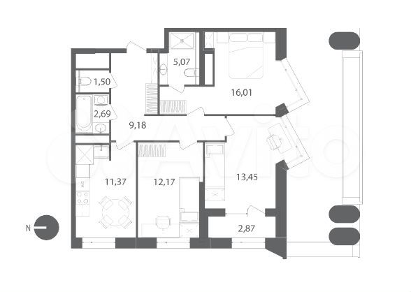 3-к. квартира, 72,9 м², 12/22 эт.