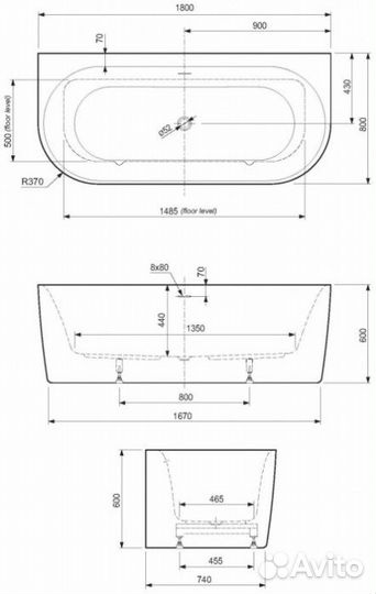 Ванна акриловая Cezares metauro-INT-Wall-180-80-60-G-W-matt