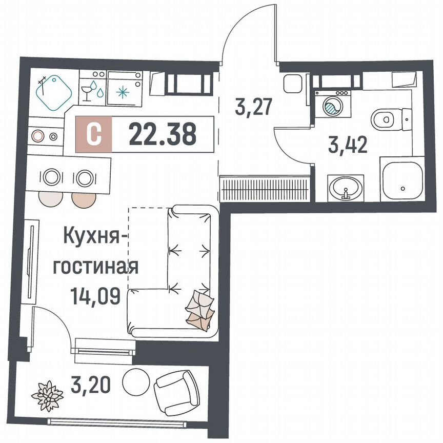 Квартира-студия, 22,4 м², 11/18 эт.