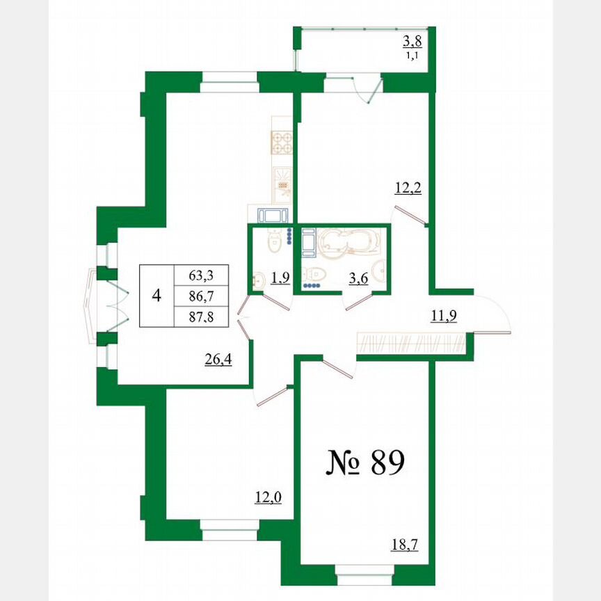 4-к. квартира, 87,8 м², 4/8 эт.