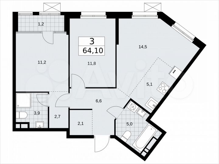 3-к. квартира, 64,1 м², 15/16 эт.