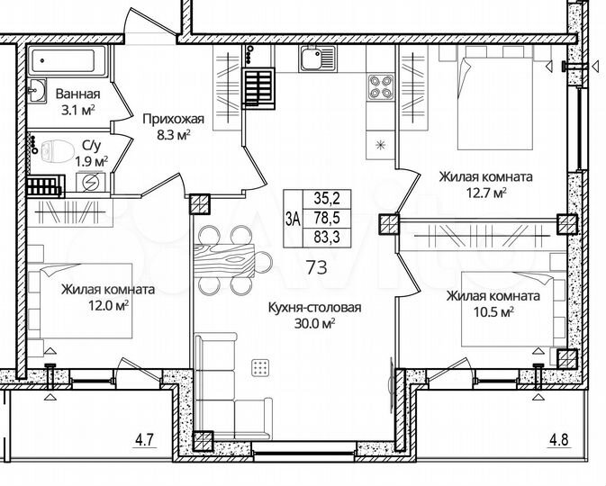 3-к. квартира, 83,5 м², 9/16 эт.