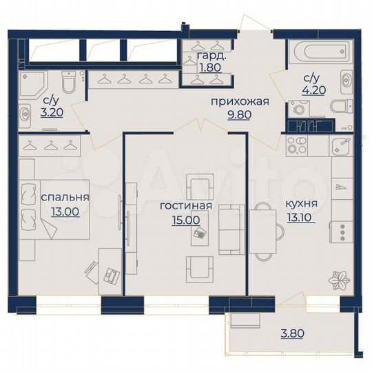 2-к. квартира, 61,3 м², 2/15 эт.