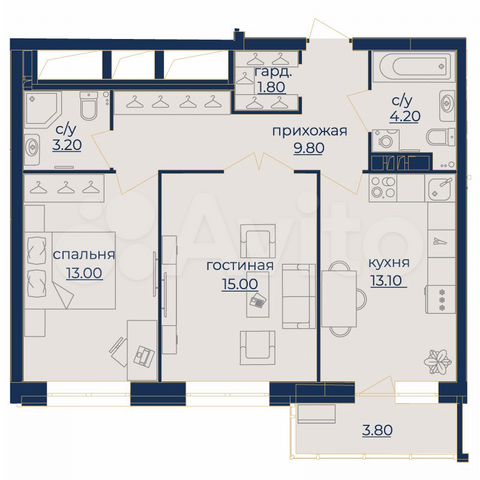 2-к. квартира, 61,3 м², 2/15 эт.