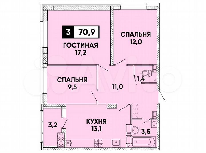 3-к. квартира, 71 м², 21/24 эт.