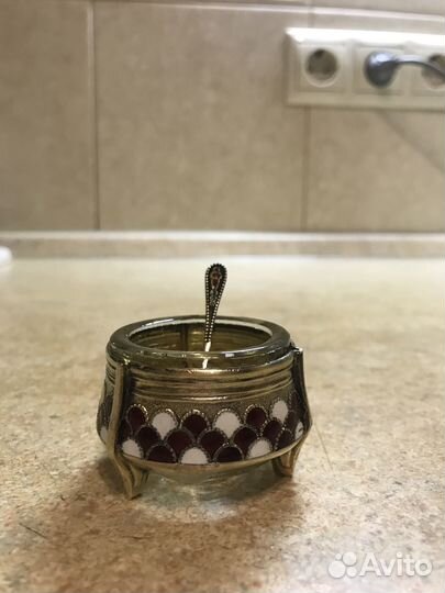 Солонка из мельхиора с позолотой и эмалью СССР