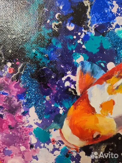 Картина маслом на холсте с карпами 60/60 см